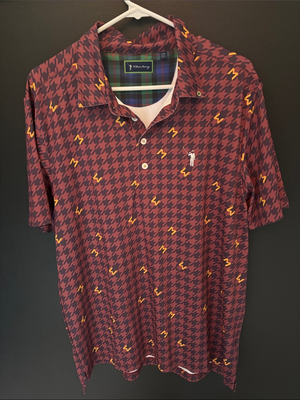 William Murray Golf Burgundy Houndstooth Polo with Yellow Accents